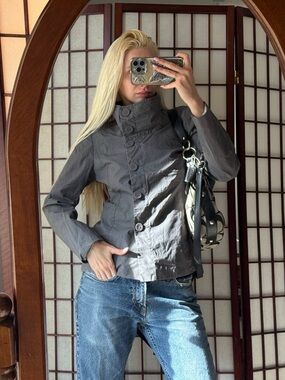 H&M Charcoal Gray High-Collar Button Utility Jacket